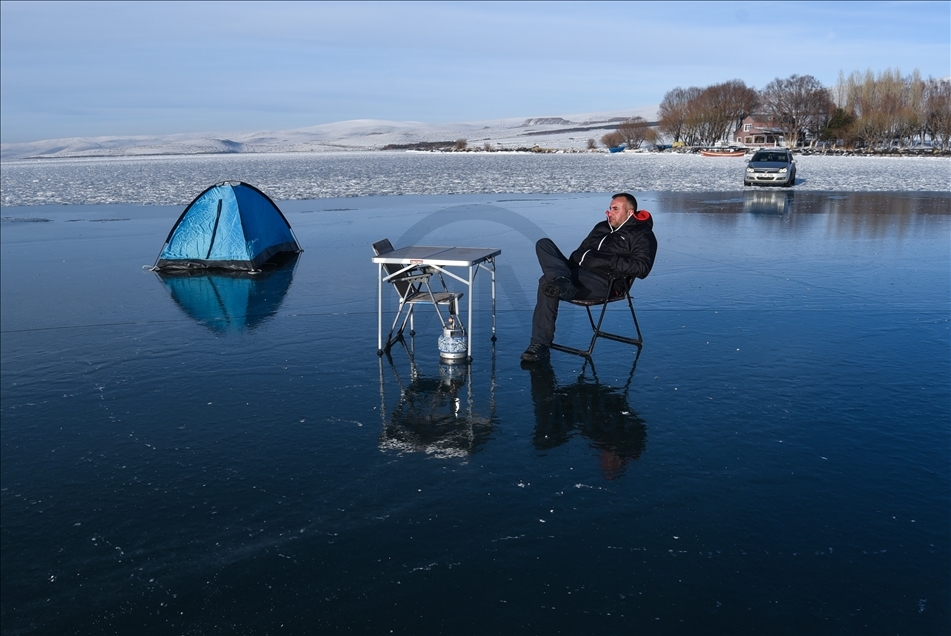 Tourists Welcome Sledding on the Frozen Lake Çıldır